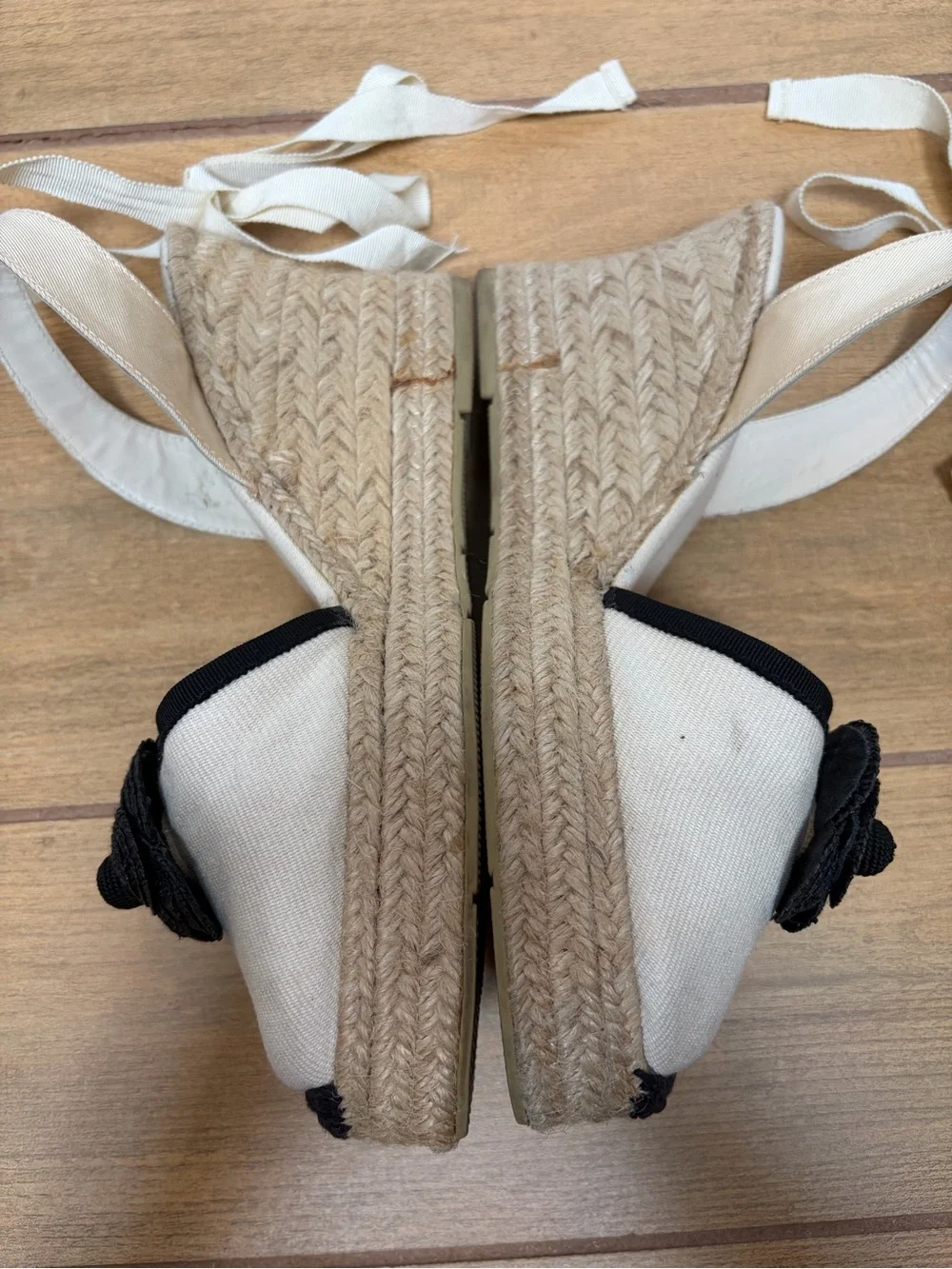 Chanel Cream and Black Camellia Flower Espadrille Wedges Ballerina Ribbon Ties
